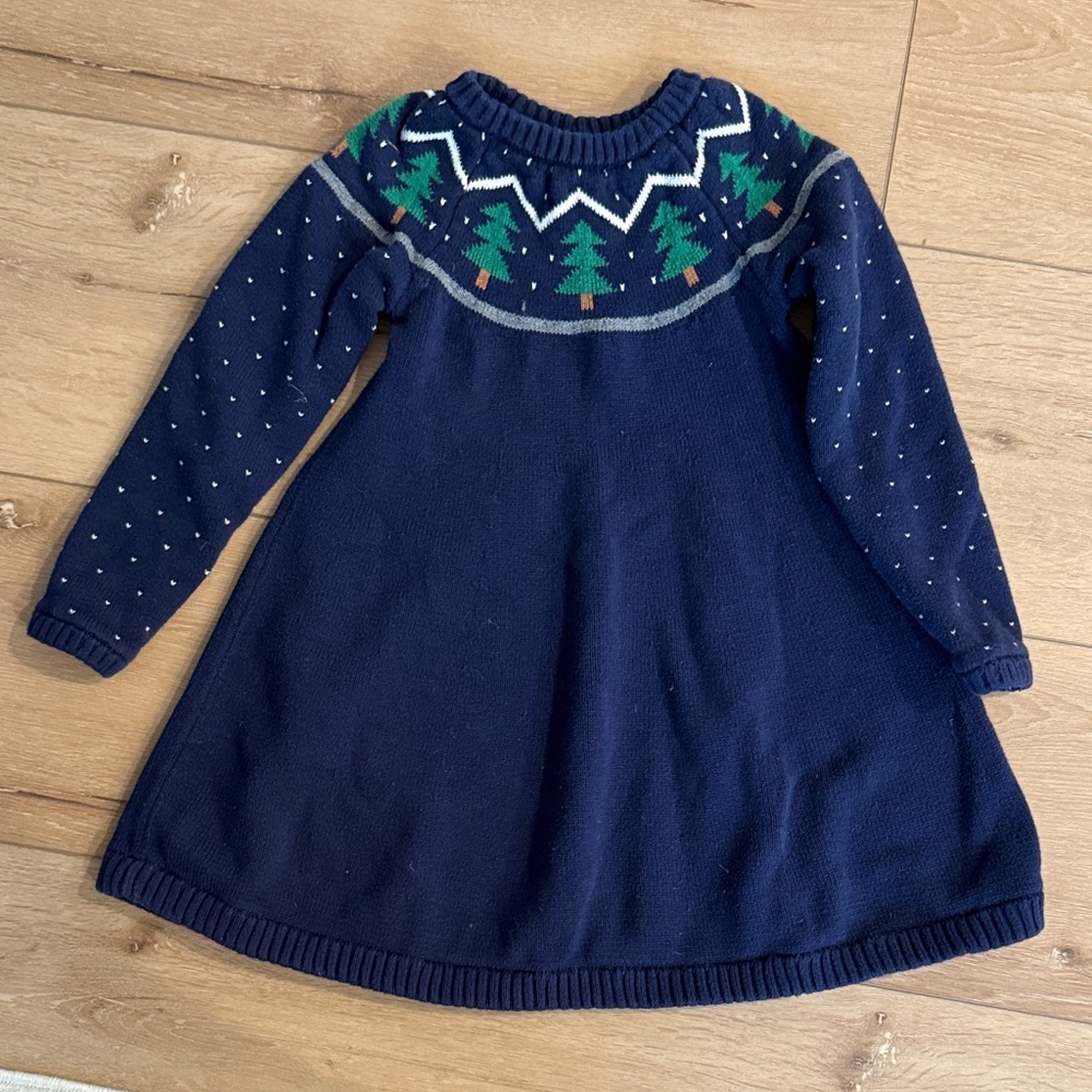Hanna Andersson Navy Knit Dress with Green Tree Yoke